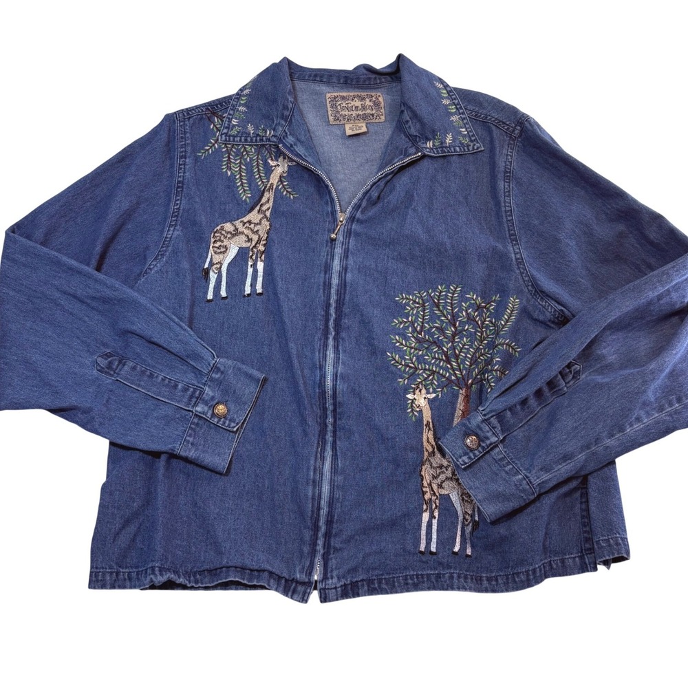 Tantrum Blues Womens PXL Blue Denim Full Zip Embroidered Giraffe Vintage Jacket